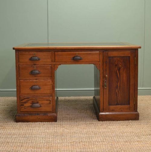 Unusual Victorian Antique Pitch Pine Pedestal Desk
