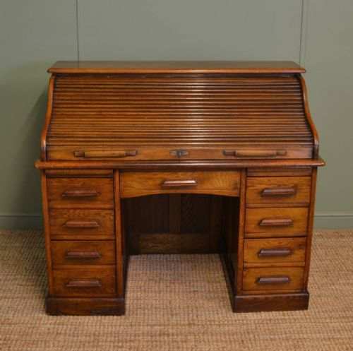 Superb Quality Edwardian Solid Oak Antique Roll Top Desk.