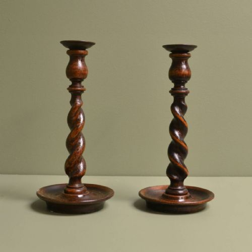 Attractive Pair of Antique Edwardian Barley Twist Oak Candlesticks.