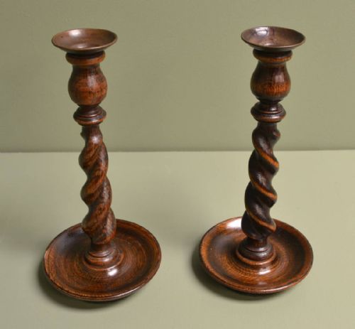 fig 1. Attractive Pair of Antique Edwardian Barley Twist Oak Candlesticks.
