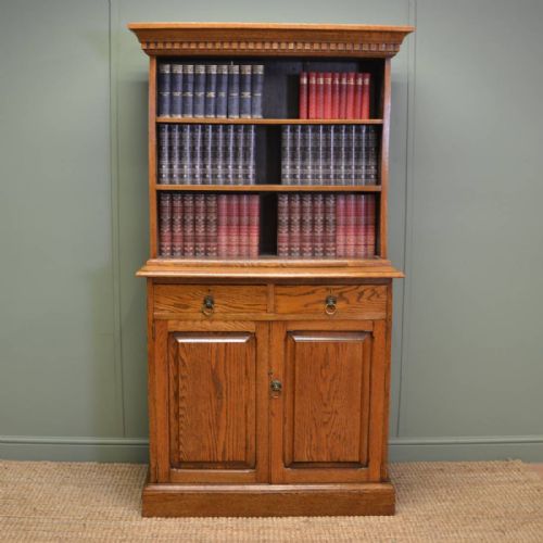 Solid Oak Antique Edwardian Bookcase on Cupboard