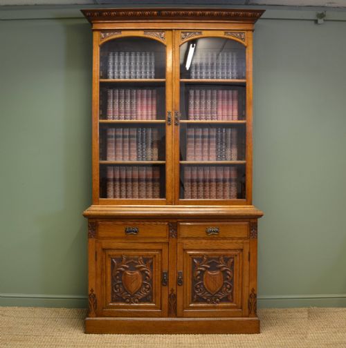 Quality Solid Oak Victorian Antique Bookcase on Cupboard