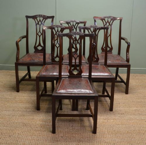 Unusual Set of Leather Embossed Edwardian Antique Walnut Dining Chairs