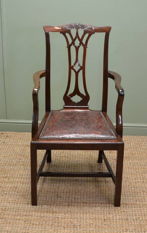 fig 1. Unusual Set Of Leather Embossed Edwardian Antique Walnut Dining Chairs