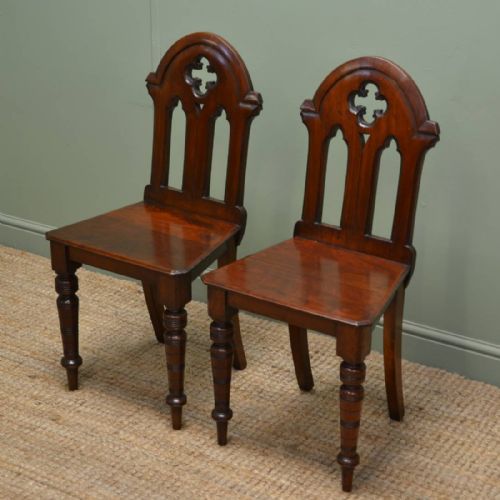 Pair of Antique Victorian Walnut Gothic Hall Chairs