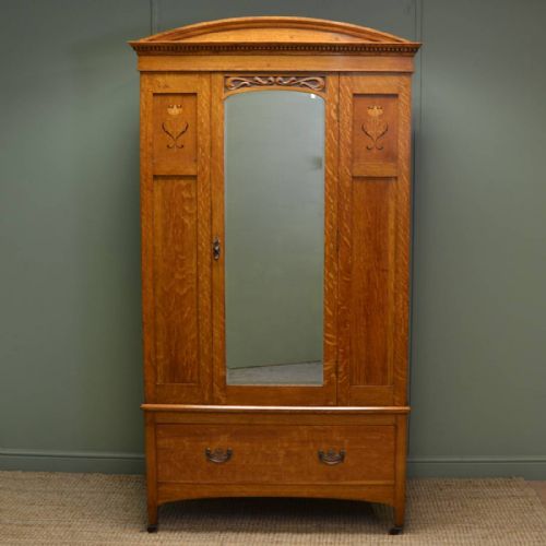 Quality Solid Golden Oak Inlaid Victorian Antique Wardrobe