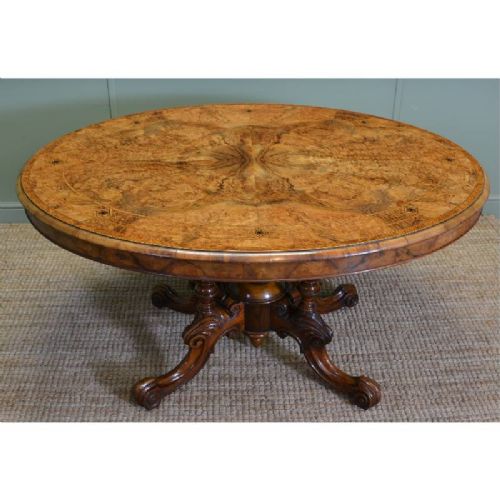 fig 1. Magnificent Quality Figured Walnut Inlaid Oval Antique Dining Table.