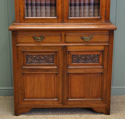 fig 1. Quality Victorian Walnut Antique Glazed Bookcase On Cupboard