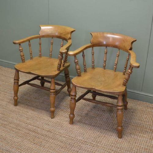 Pair of Victorian Country Elm Antique Smokers Bow Chairs