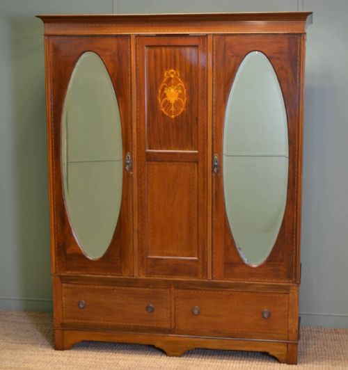 Inlaid Edwardian Antique Mahogany Double Wardrobe