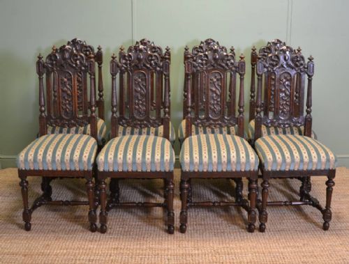 Beautiful Set of Eight Quality Victorian Carved Oak High Back Antique Dining Chairs