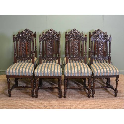 fig 1. Beautiful Set Of Eight Quality Victorian Carved Oak High Back Antique Dining Chairs