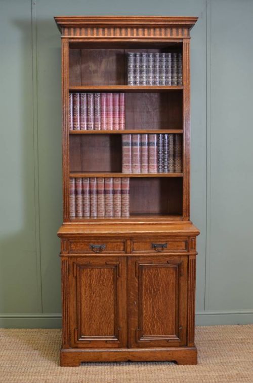 Superb Quality Arts and Crafts Victorian Oak Antique Open Bookcase on Cupboard