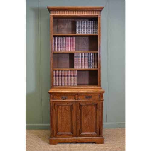 fig 1. Superb Quality Arts And Crafts Victorian Oak Antique Open Bookcase On Cupboard