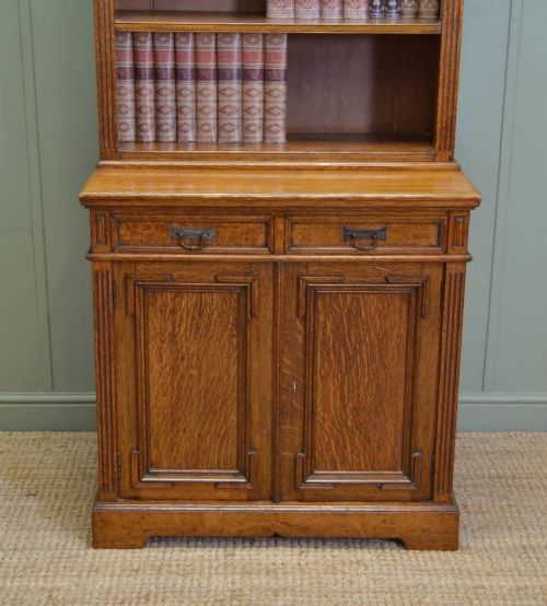 fig 2. Superb Quality Arts And Crafts Victorian Oak Antique Open Bookcase On Cupboard
