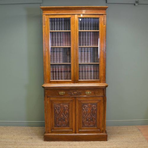 Quality Victorian Oak Antique Glazed Bookcase on Cupboard