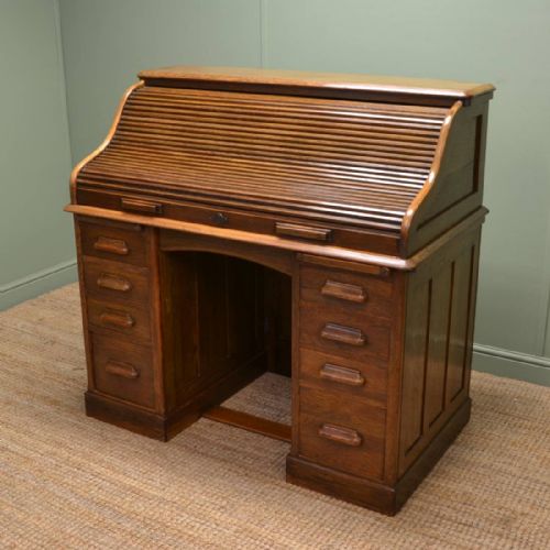 Quality Oak Edwardian Tambour Front / Roll Top Antique Desk