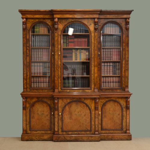 Magnificent Victorian Break Front Burr Walnut Antique Library Bookcase