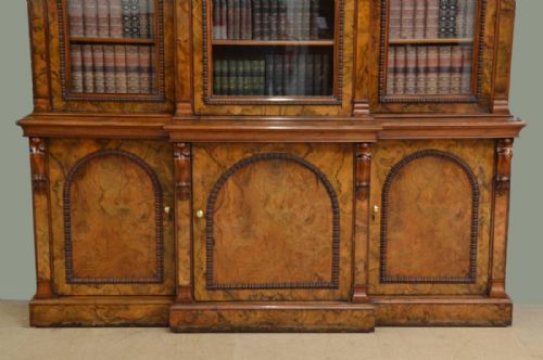fig 1. Magnificent Victorian Break Front Burr Walnut Antique Library Bookcase