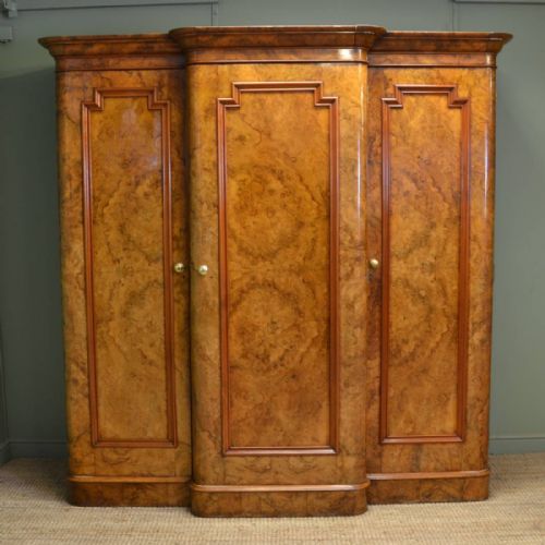 Spectacular Quality Figured Burr Walnut Break Fronted Antique Triple Wardrobe