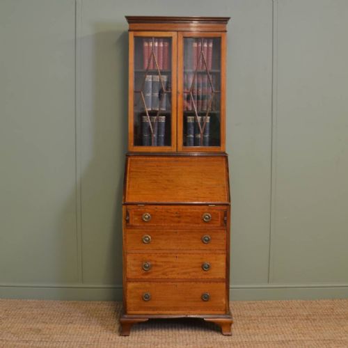 Unusual Edwardian Inlaid Mahogany Bureau Bookcase of Small Proportions