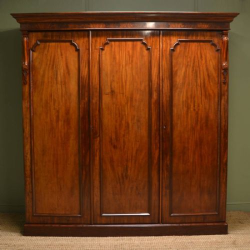 Spectacular Quality Figured Mahogany Early Victorian Antique Triple Wardrobe