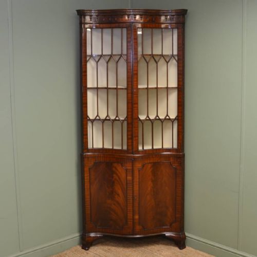 Unusual Serpentine Edwardian Mahogany Antique Glazed Floor Standing Corner Cupboard