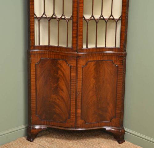fig 1. Unusual Serpentine Edwardian Mahogany Antique Glazed Floor Standing Corner Cupboard