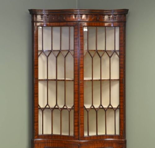 fig 2. Unusual Serpentine Edwardian Mahogany Antique Glazed Floor Standing Corner Cupboard