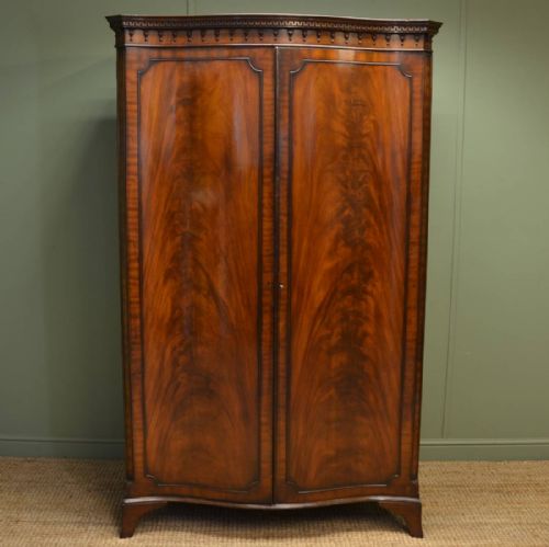 Figured Mahogany Serpentine Shaped Edwardian Antique Double Wardrobe