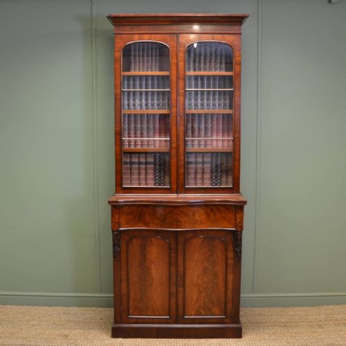Spectacular Quality Figured Mahogany Victorian Antique Bookcase on Cupboard