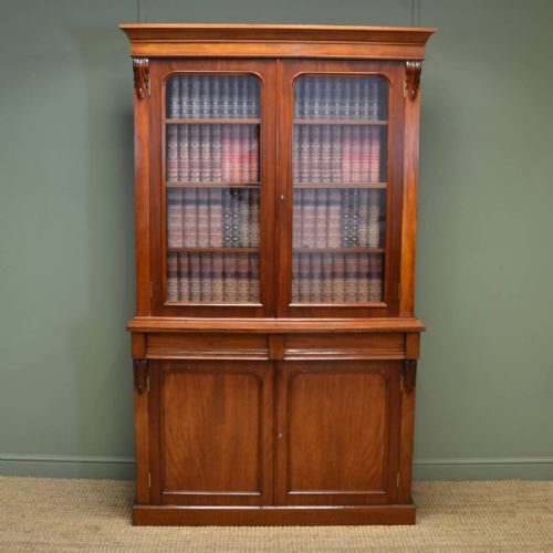 Figured Mahogany Victorian Antique Glazed Bookcase on Cupboard / Dresser