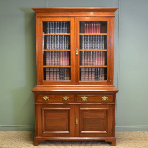 Spectacular Quality Victorian Teak Arts and Crafts Antique Glazed Bookcase on Cupboard