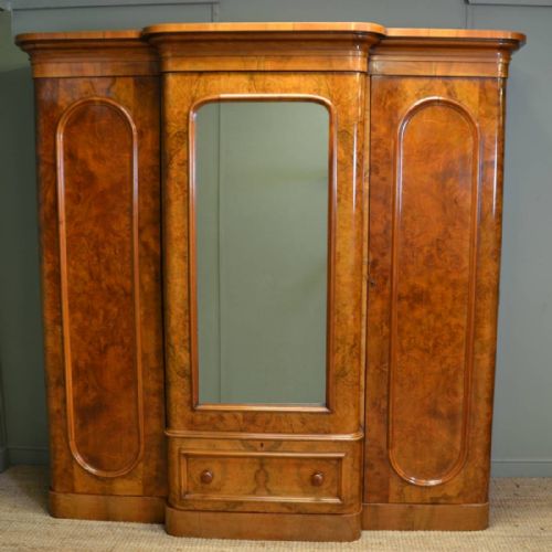 Spectacular Quality Figured Burr Walnut Antique Triple Wardrobe