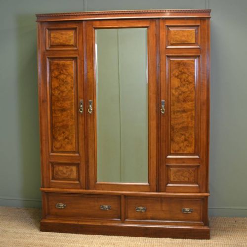 Magnificent Quality Burr Walnut Edwardian Antique Triple Wardrobe