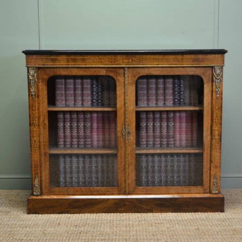 Stunning Victorian Figured Walnut Antique Glazed Bookcase / Cabinet