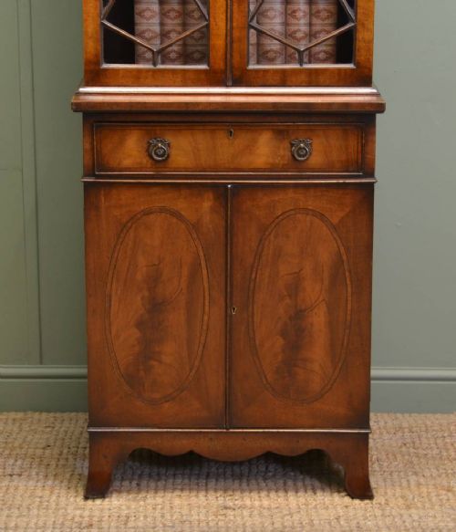 fig 1. Unusual Slim Edwardian Inlaid Mahogany Antique Bookcase On Cupboard