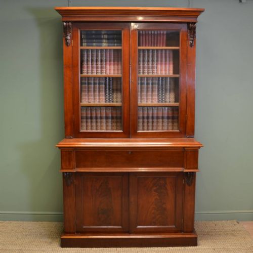 Superb Quality William IV Mahogany Antique Glazed Secretaire Bookcase on Cupboard