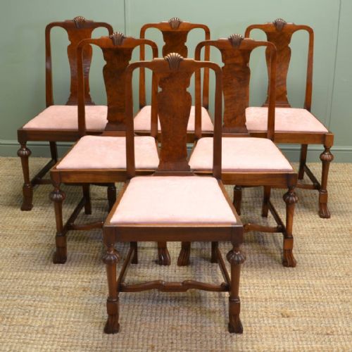 Quality Set of Six Antique Edwardian Solid Walnut Dining Chairs