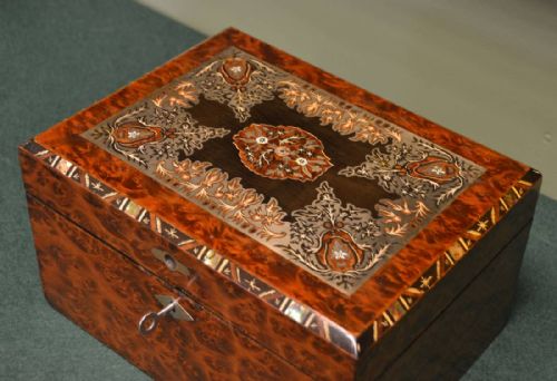 fig 1. Spectacular Birds Eye Maple Brass Inlaid Antique Victorian Work Box