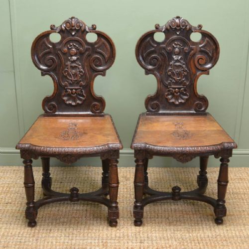 Spectacular Pair of Country Victorian Carved Oak Antique Hall Chairs
