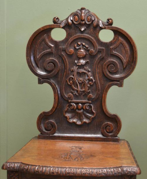 fig 1. Spectacular Pair Of Country Victorian Carved Oak Antique Hall Chairs