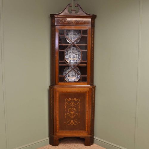 Beautifully Inlaid Edwardian Antique Floor Standing Glazed Corner Cupboard