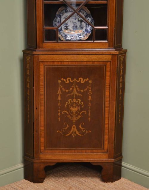 fig 1. Beautifully Inlaid Edwardian Antique Floor Standing Glazed Corner Cupboard