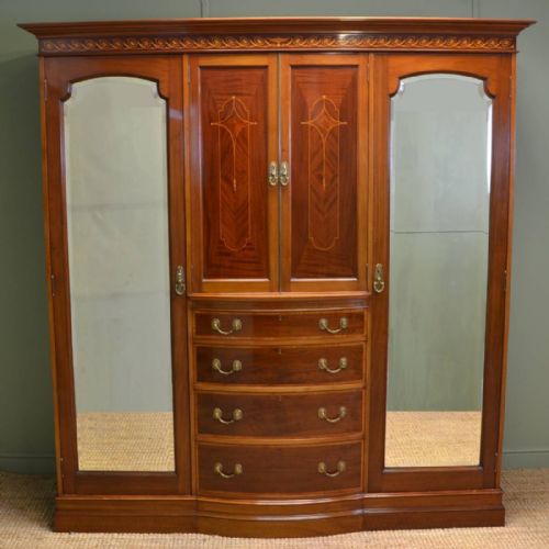 Spectacular Inlaid Mahogany Antique Victorian Triple Wardrobe