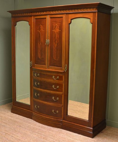 fig 1. Spectacular Inlaid Mahogany Antique Victorian Triple Wardrobe
