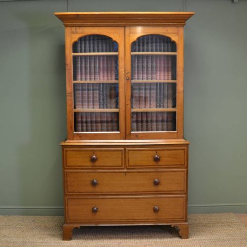 Quality Georgian Golden Oak Antique Glazed Bookcase on Chest