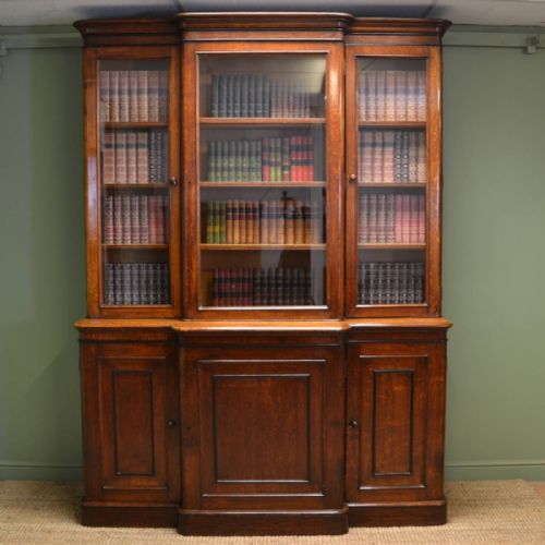 Large Victorian Oak Antique Break Fronted Library Bookcase