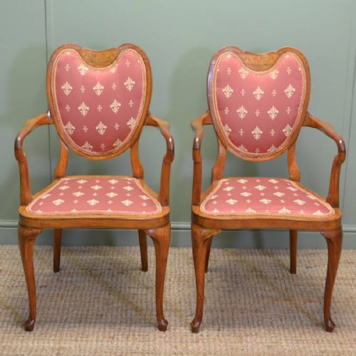 Unusual Pair of Antique Elegant Inlaid Satinwood Victorian Side Chairs