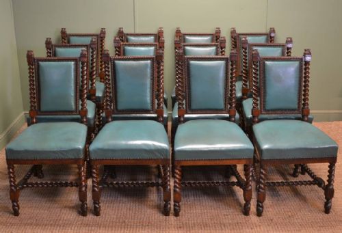 Rare Set of Twelve Victorian Solid Oak / Leather Antique Dining Chairs